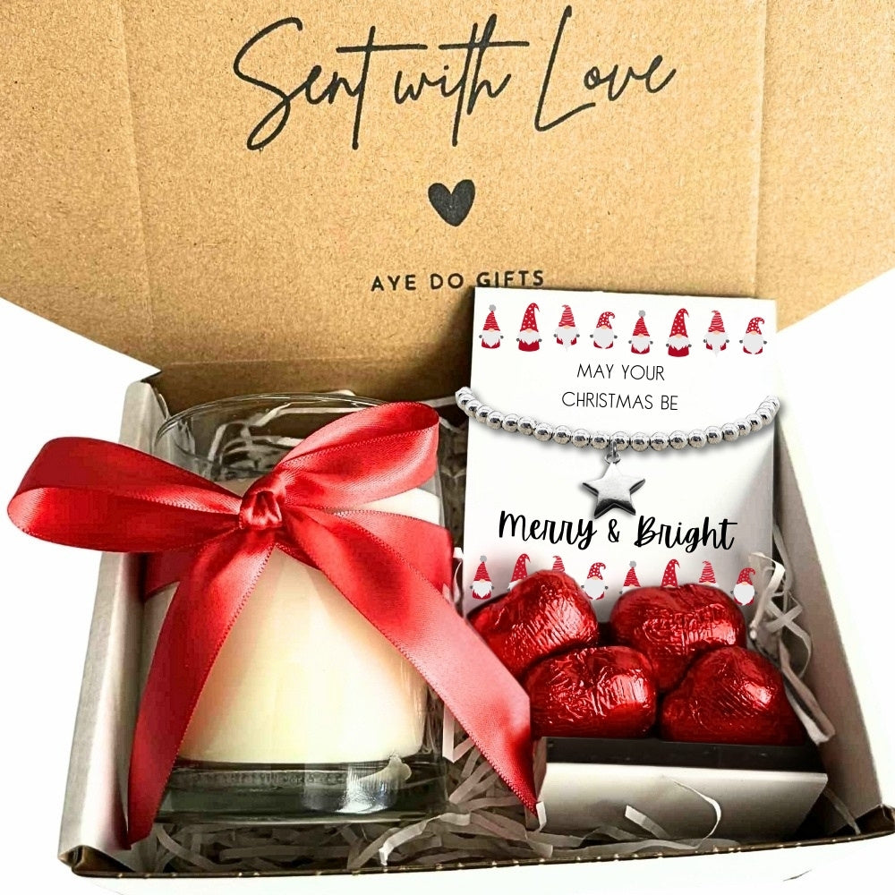 Small Merry & Bright Christmas Gift Hamper | Bracelet, Chocolates & Candle-0