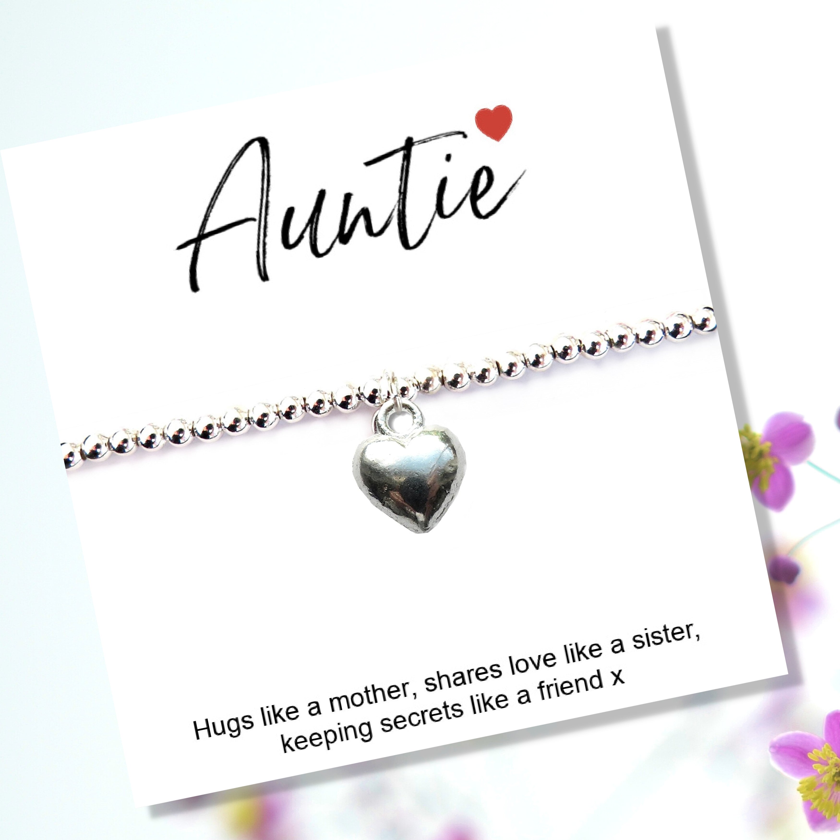Heart Charm Auntie Gift Card with Personalized Silver Plated Bracelet & Gifts Box Made in Scotland-0