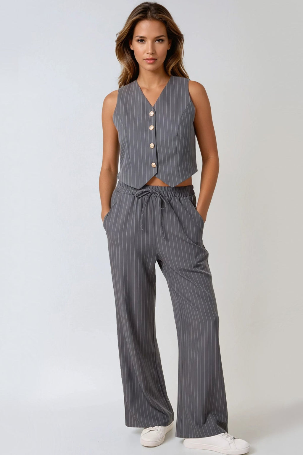 Charcoal Pinstripe Wide Leg Trousers-2