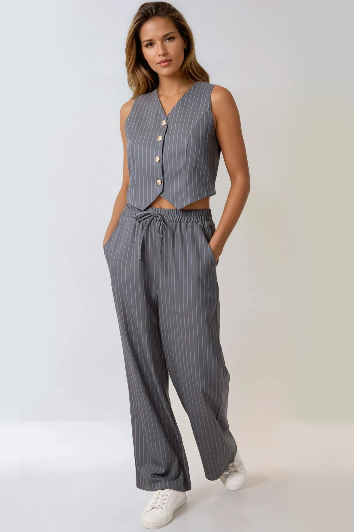 Charcoal Pinstripe Wide Leg Trousers-0