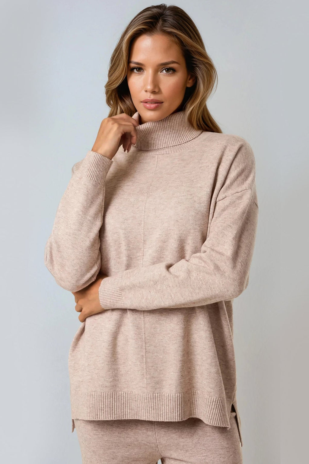 Mocha Knitted Roll Neck Jumper & Trouser Set-1