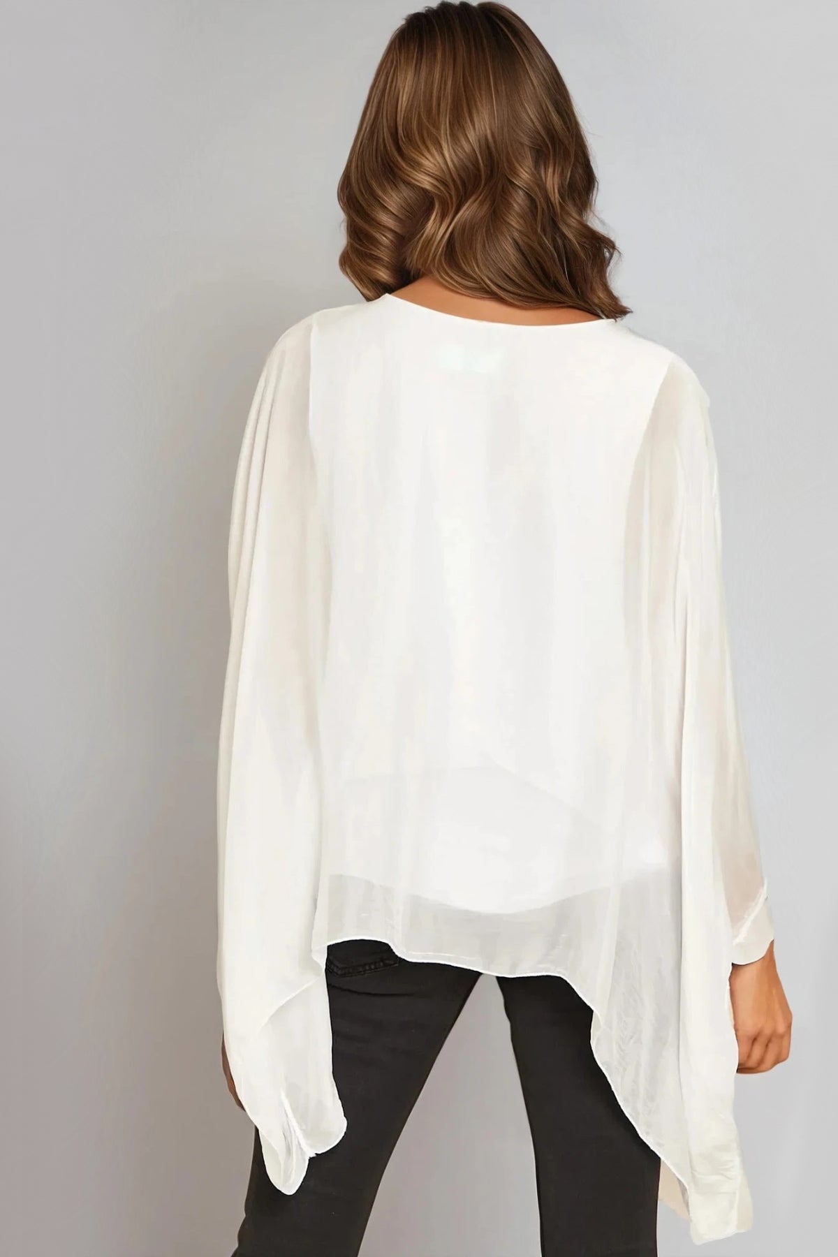 White Silk Batwing Sleeve Round Neck Blouse-1