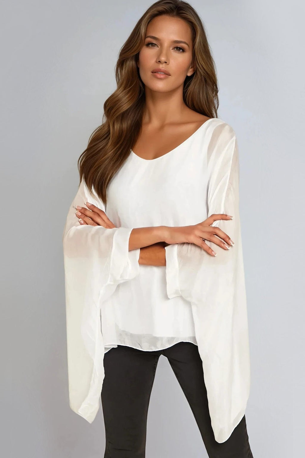 White Silk Batwing Sleeve Round Neck Blouse-0