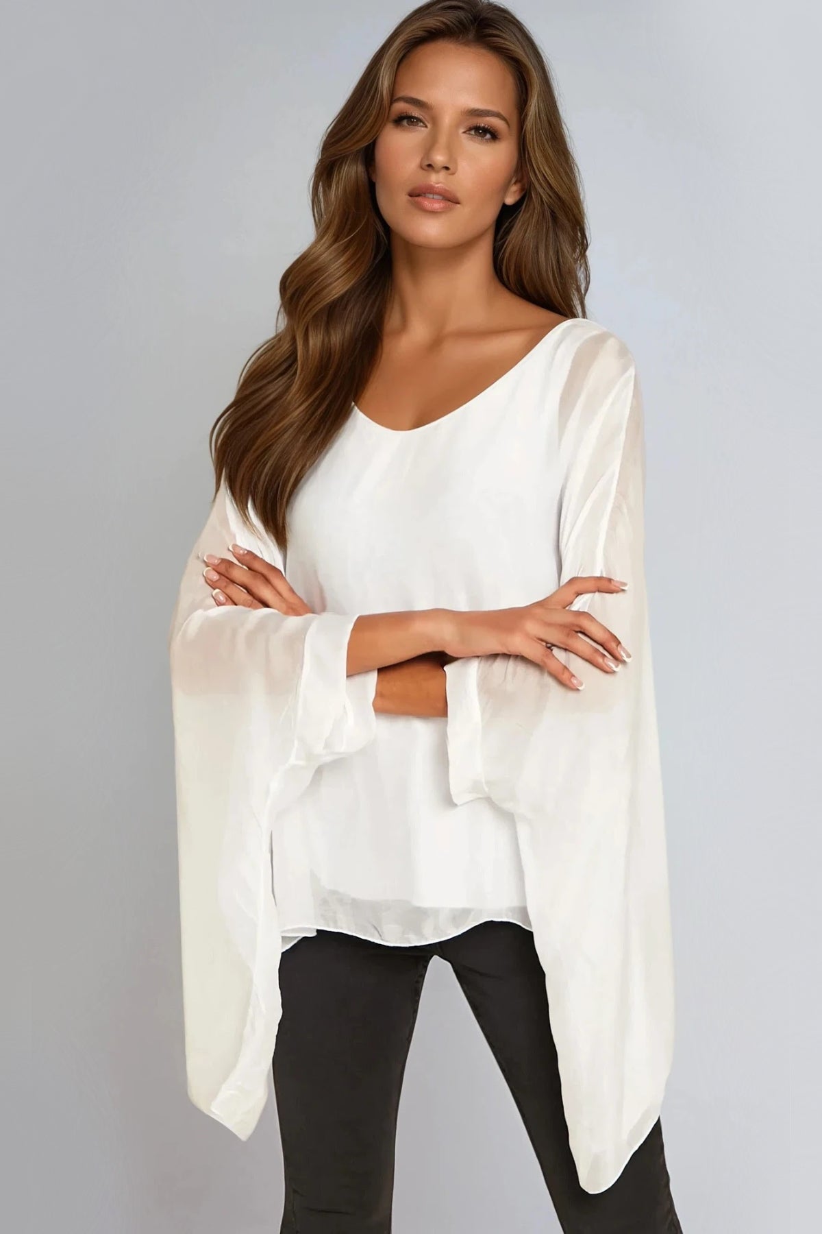 White Silk Batwing Sleeve Round Neck Blouse-0