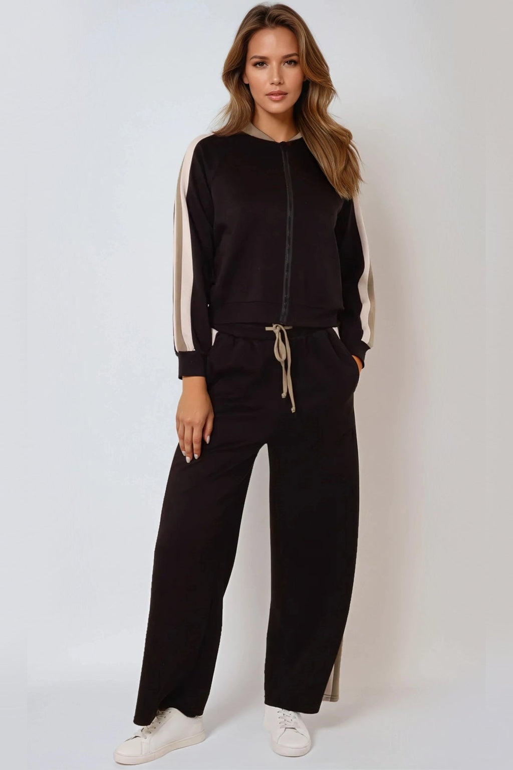 Black Stripe Bomber Jacket & Jogger Set-0