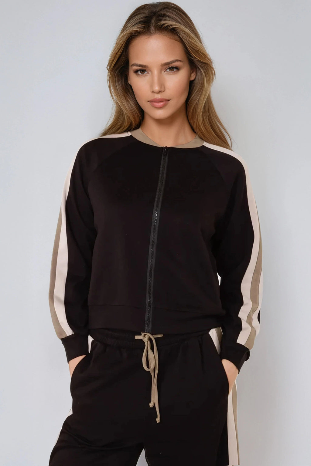 Black Stripe Bomber Jacket & Jogger Set-1