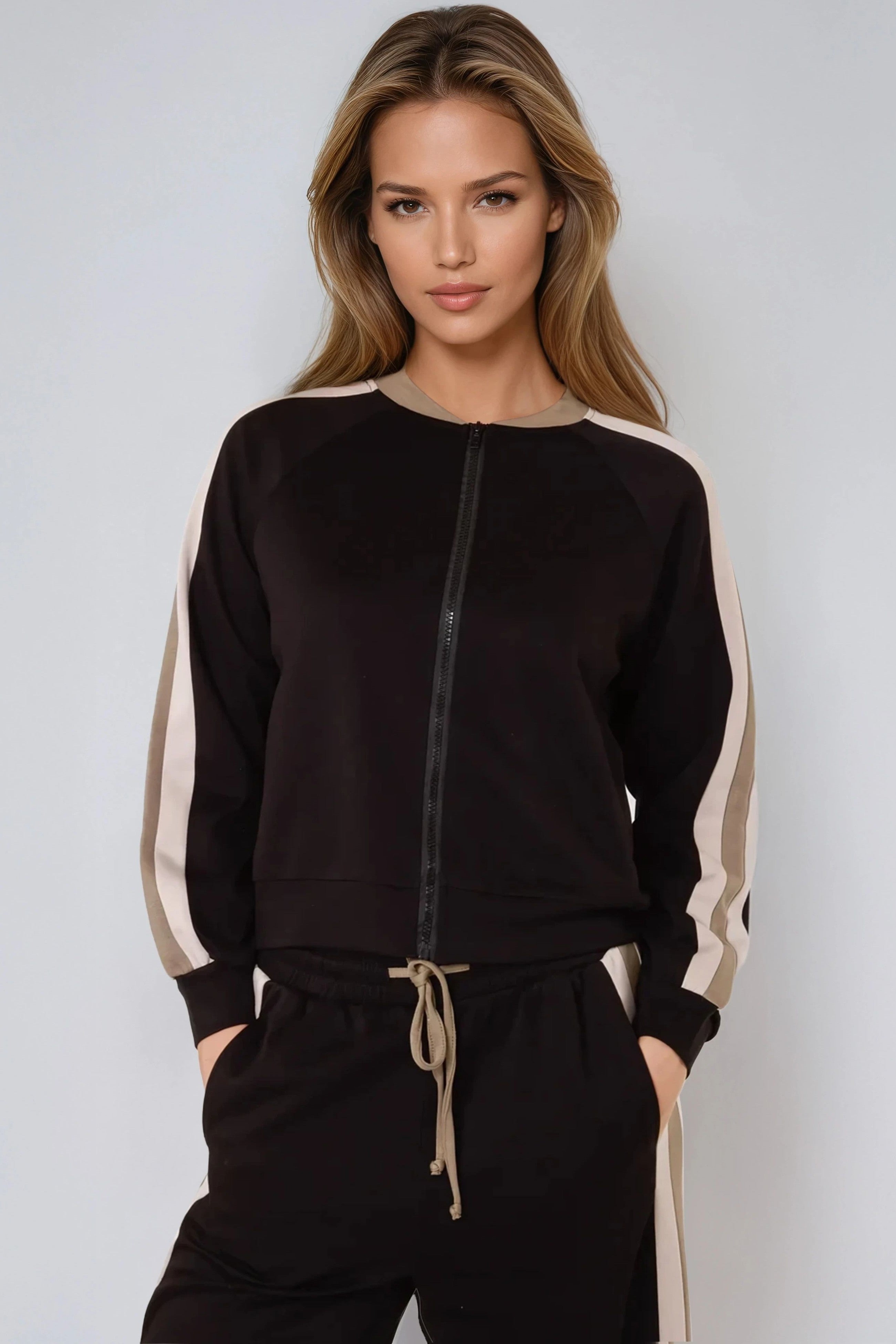 Black Stripe Bomber Jacket & Jogger Set-1