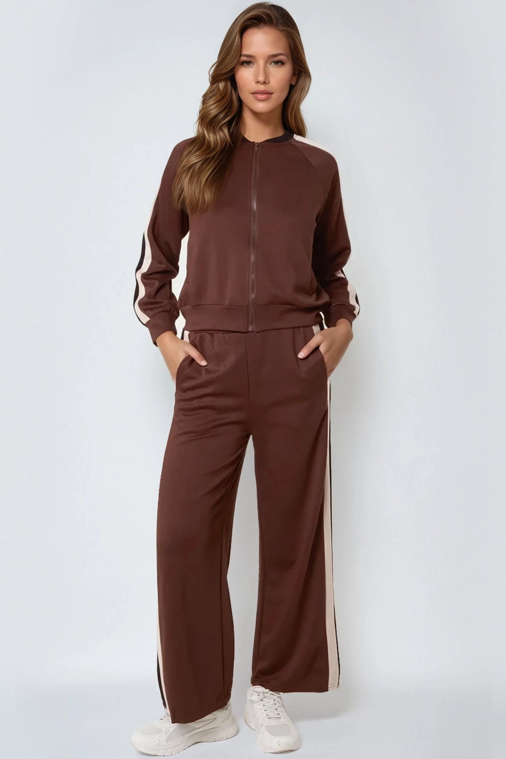 Brown Stripe Bomber Jacket & Jogger Set-0