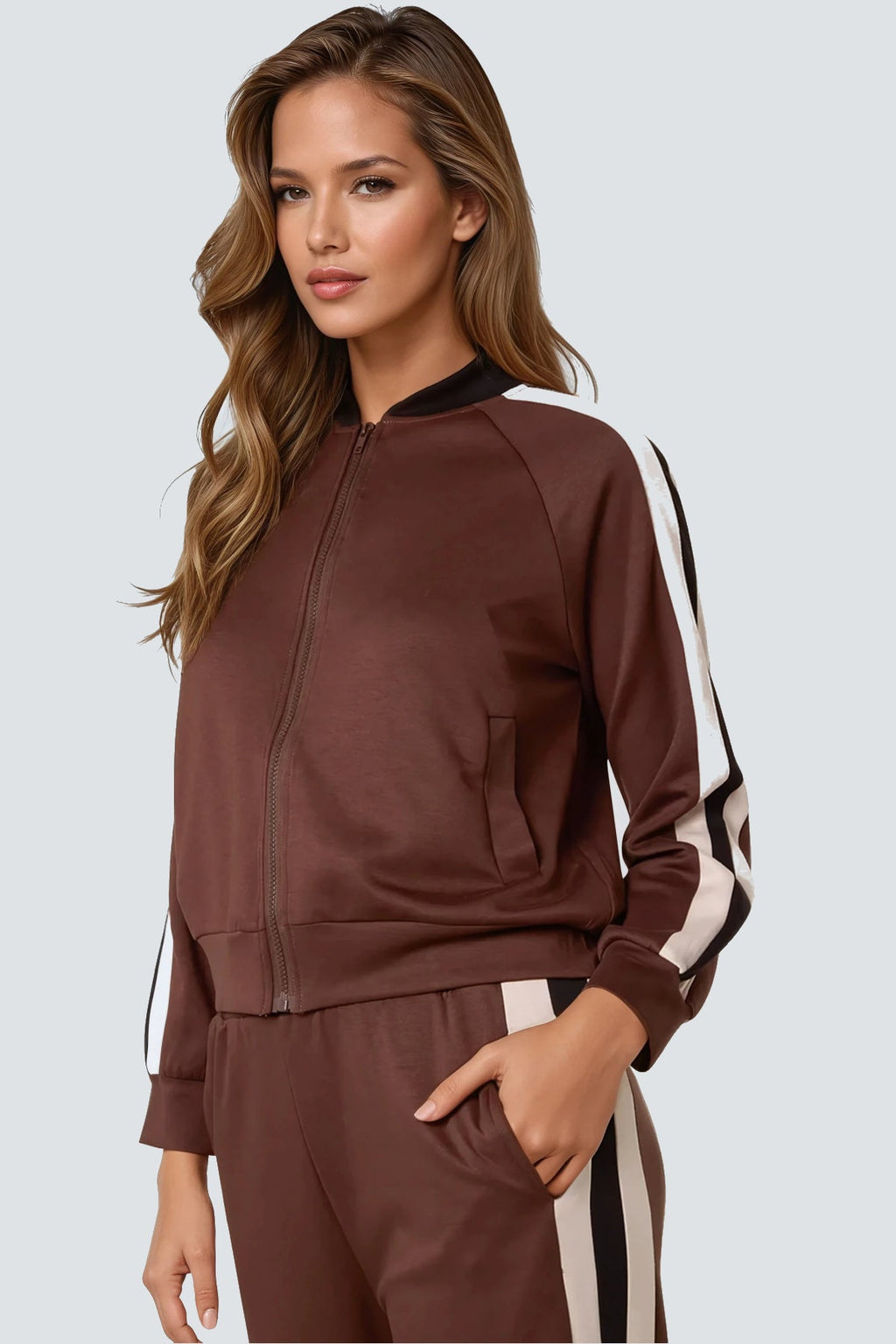 Brown Stripe Bomber Jacket & Jogger Set-1