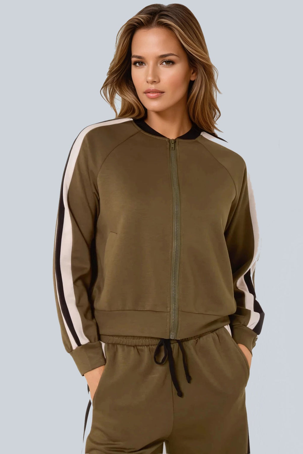 Khaki Stripe Bomber Jacket & Jogger Set-1