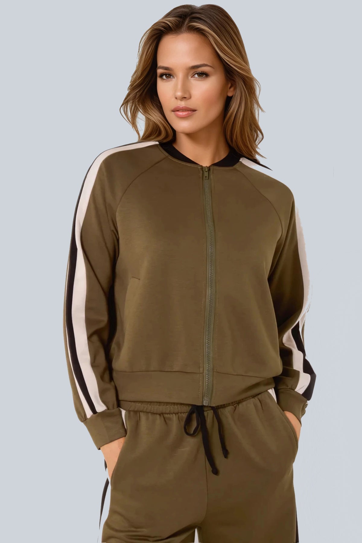 Khaki Stripe Bomber Jacket & Jogger Set-1