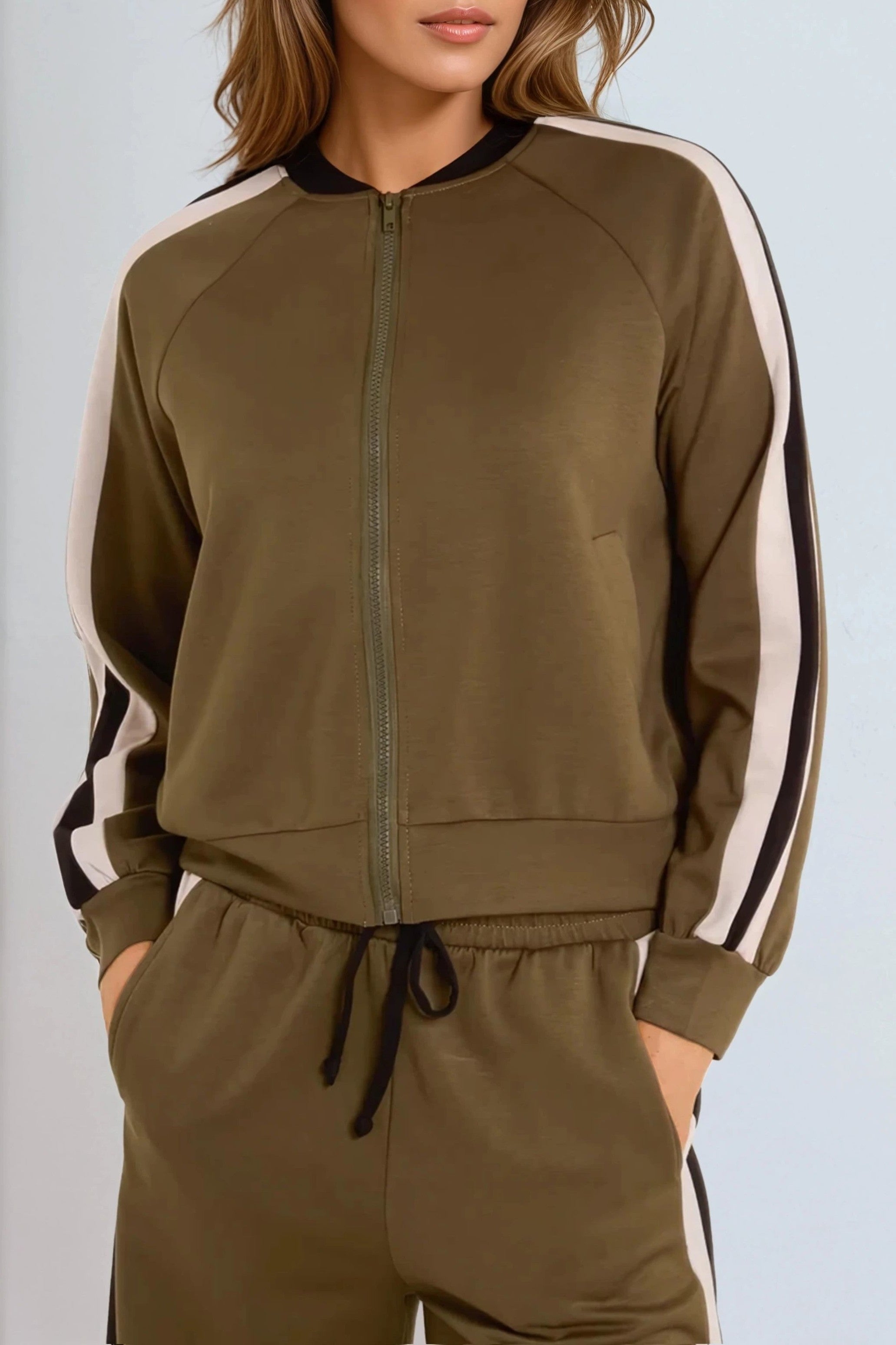 Khaki Stripe Bomber Jacket & Jogger Set-3