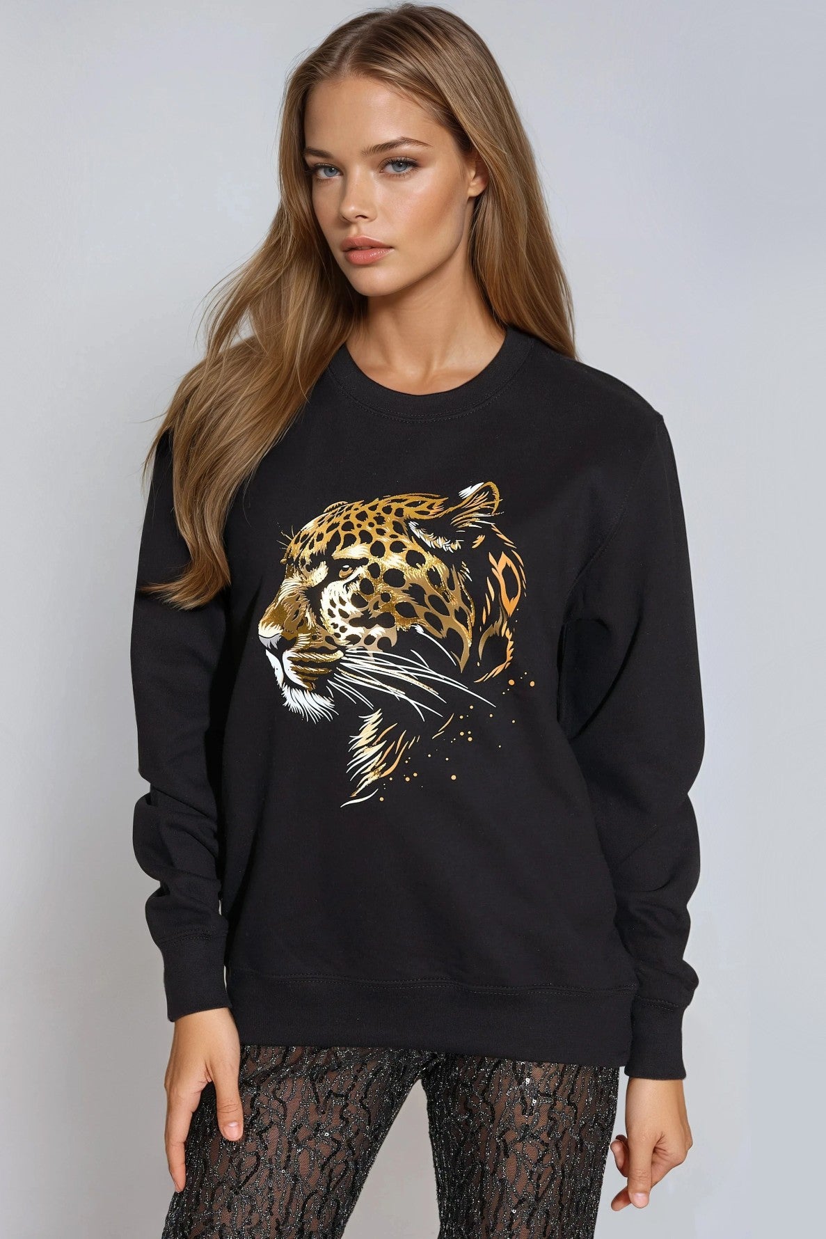 Black Leopard Gold Foil Print Sweatshirt-0