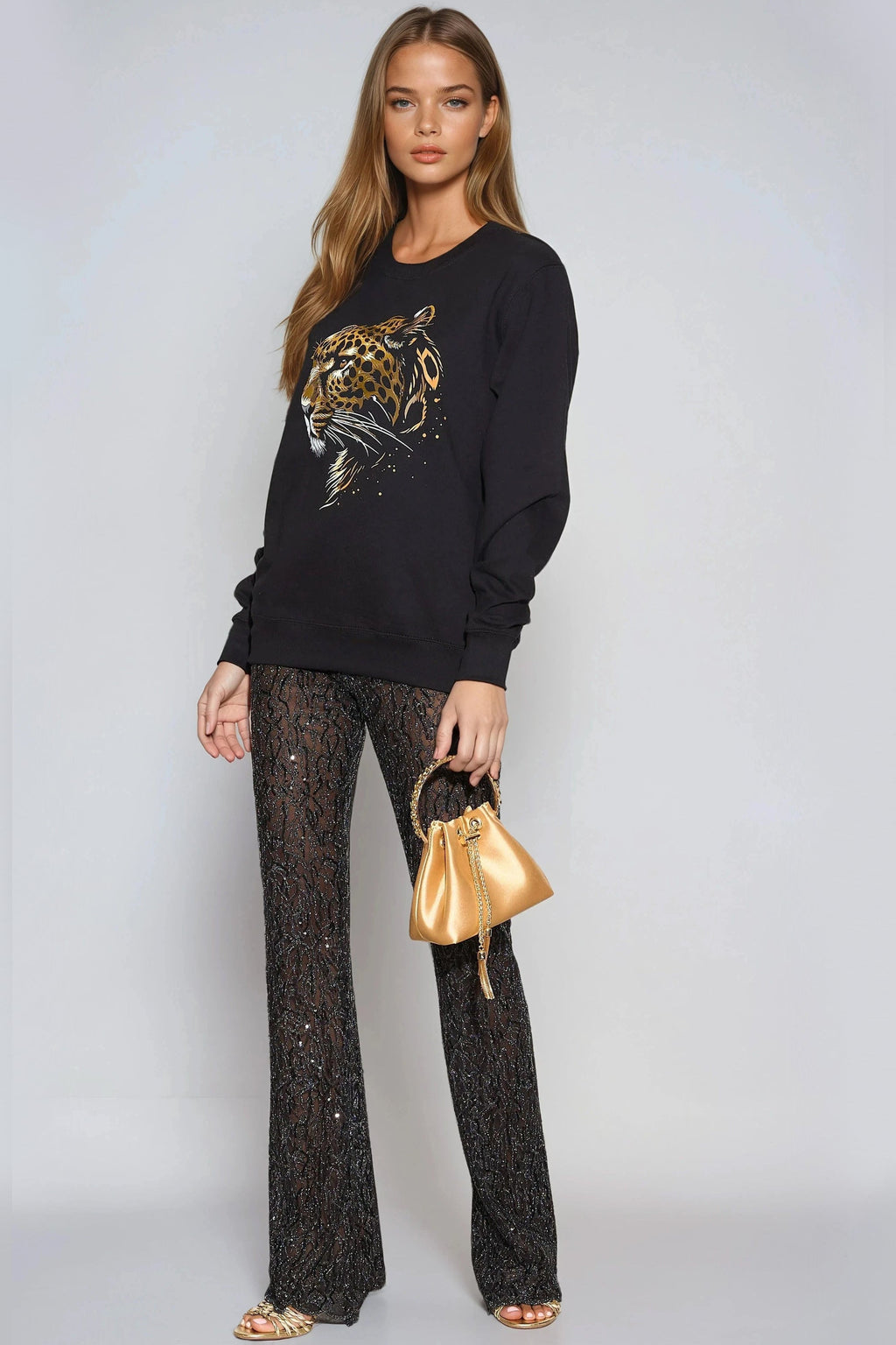 Black Leopard Gold Foil Print Sweatshirt-4