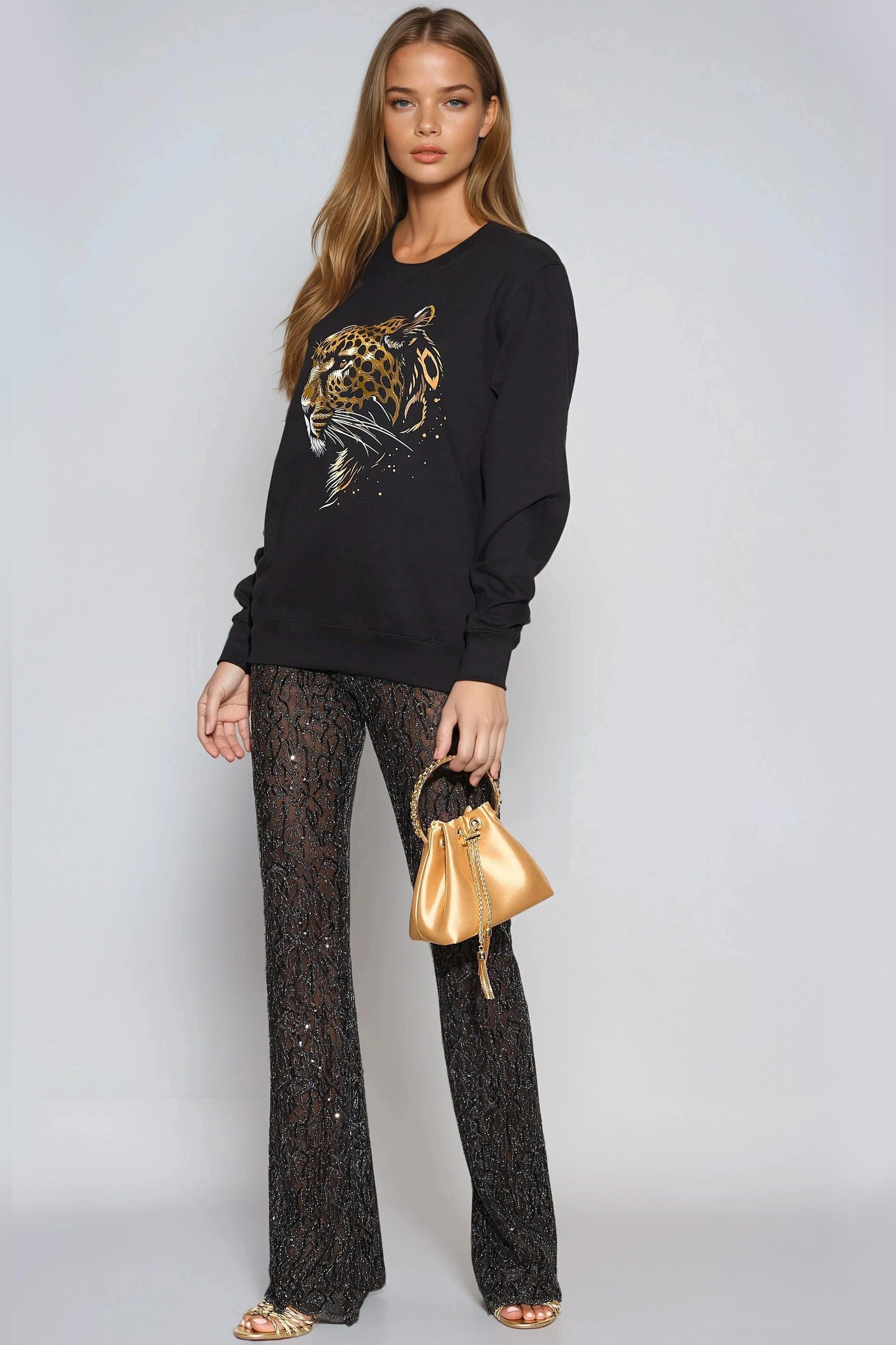 Black Leopard Gold Foil Print Sweatshirt-4