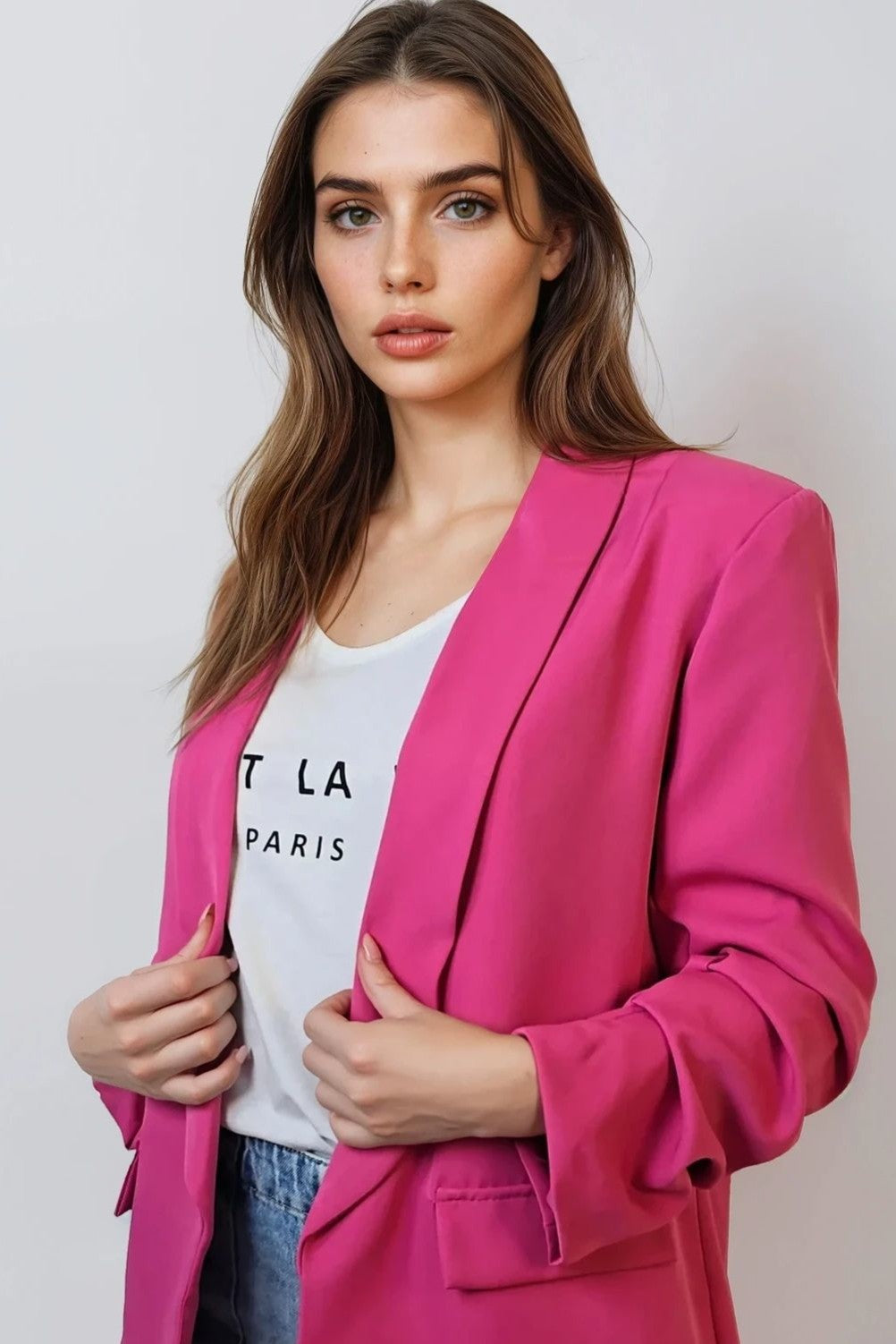 Fuchsia Blazer with Ruched Sleeves-1