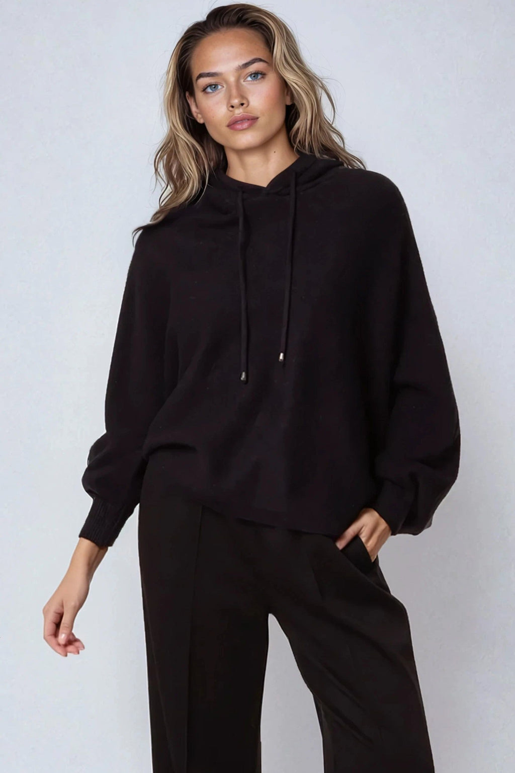 Black Boxy Knit Hoodie-0