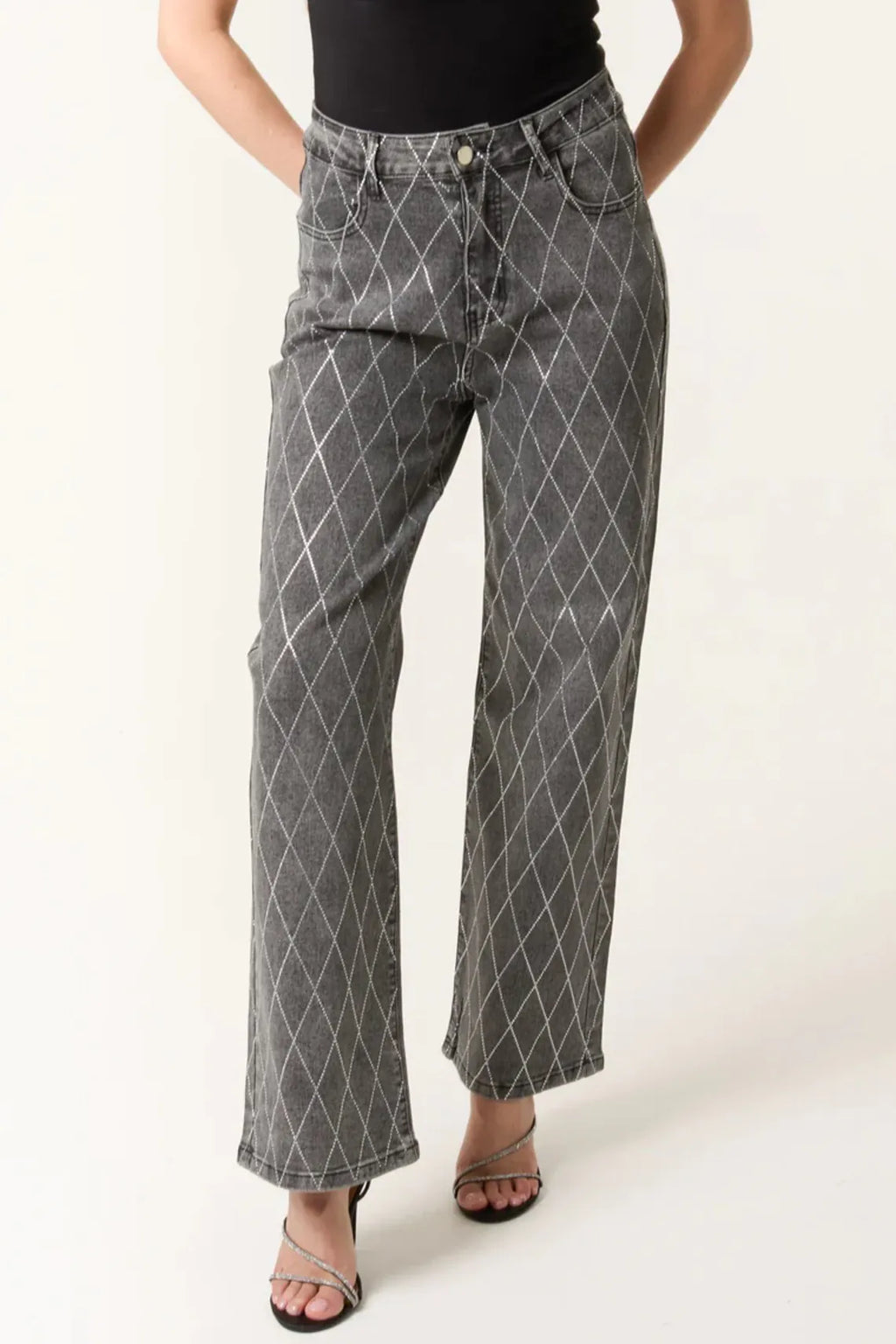 Black Wash Diamond Embellished Straight Leg Jeans-1