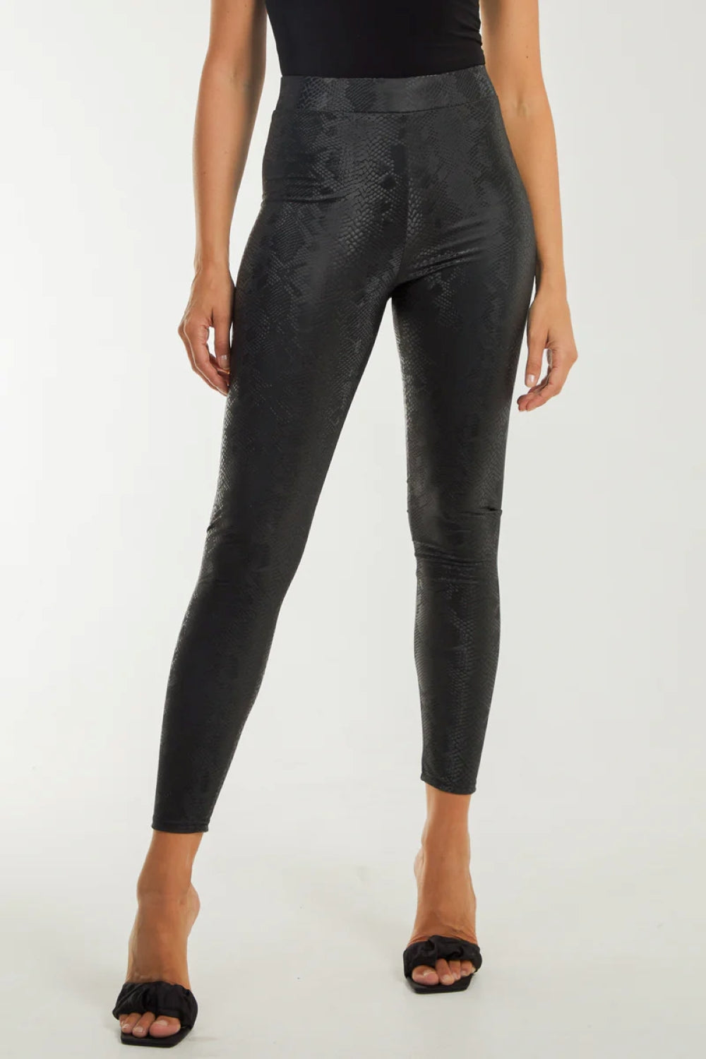 Black Snake Print Leather Look Leggings-0