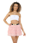 Women's Pink Bow Belt Mesh Tutu Skirt 2 Layers Tiered Ladies Party Dress-0