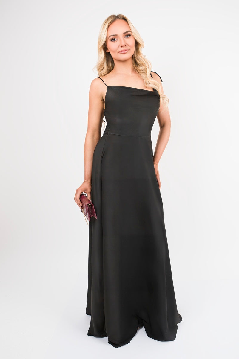 Cowl Neck Tie Strap Maxi Dress with Thigh Split