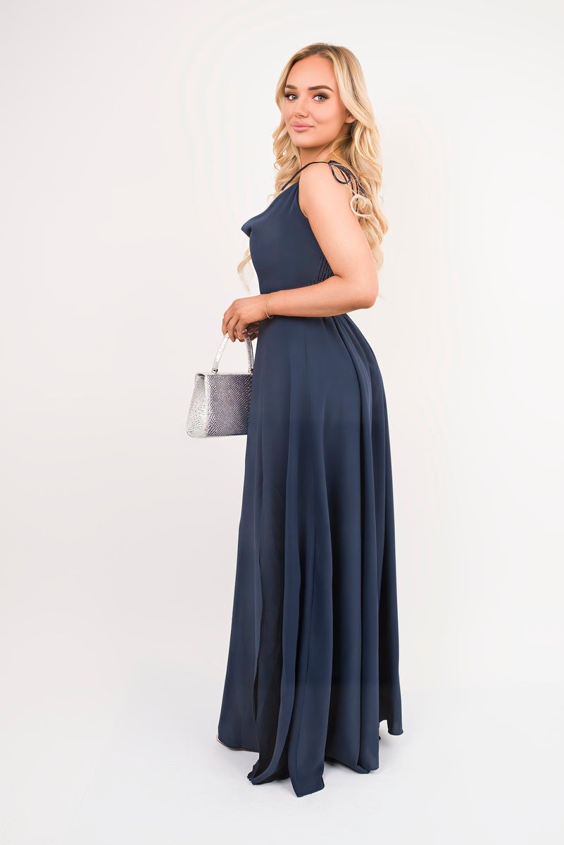 Cowl Neck Tie Strap Maxi Dress with Thigh Split