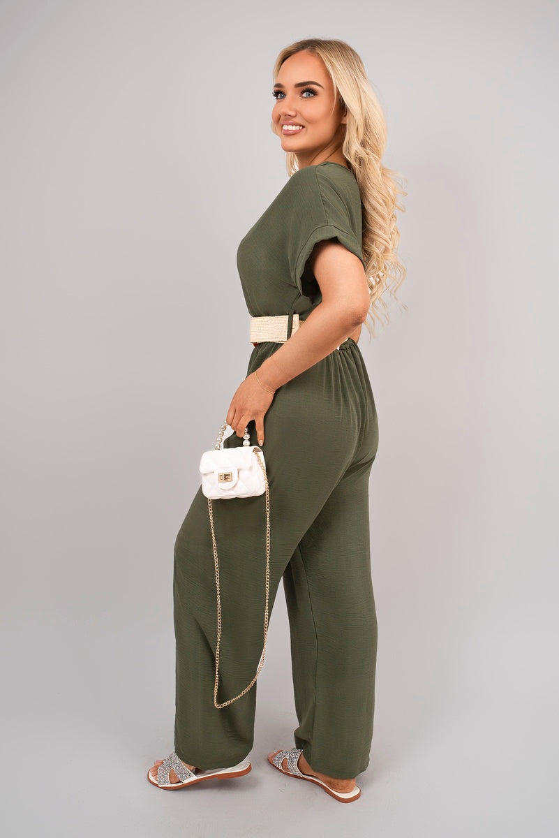 V Neck Short Sleeve Wide Leg Jumpsuit with Woven Belt