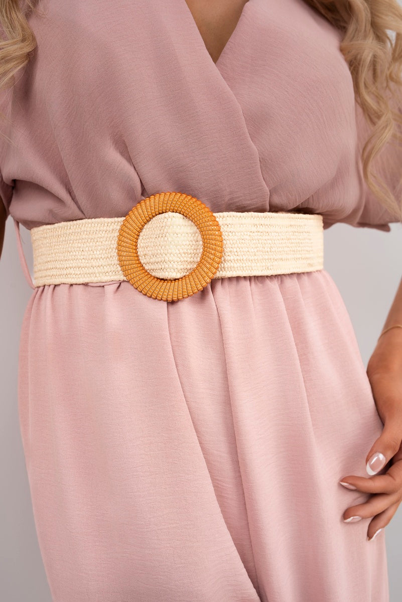 V Neck Short Sleeve Wide Leg Jumpsuit with Woven Belt