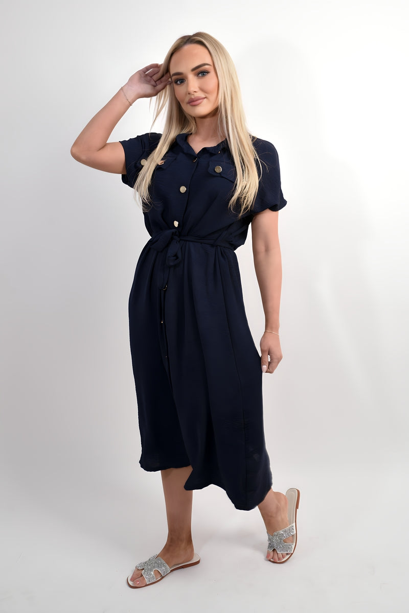 Collared Button Down Short Sleeve Tie Waist Midi Dress