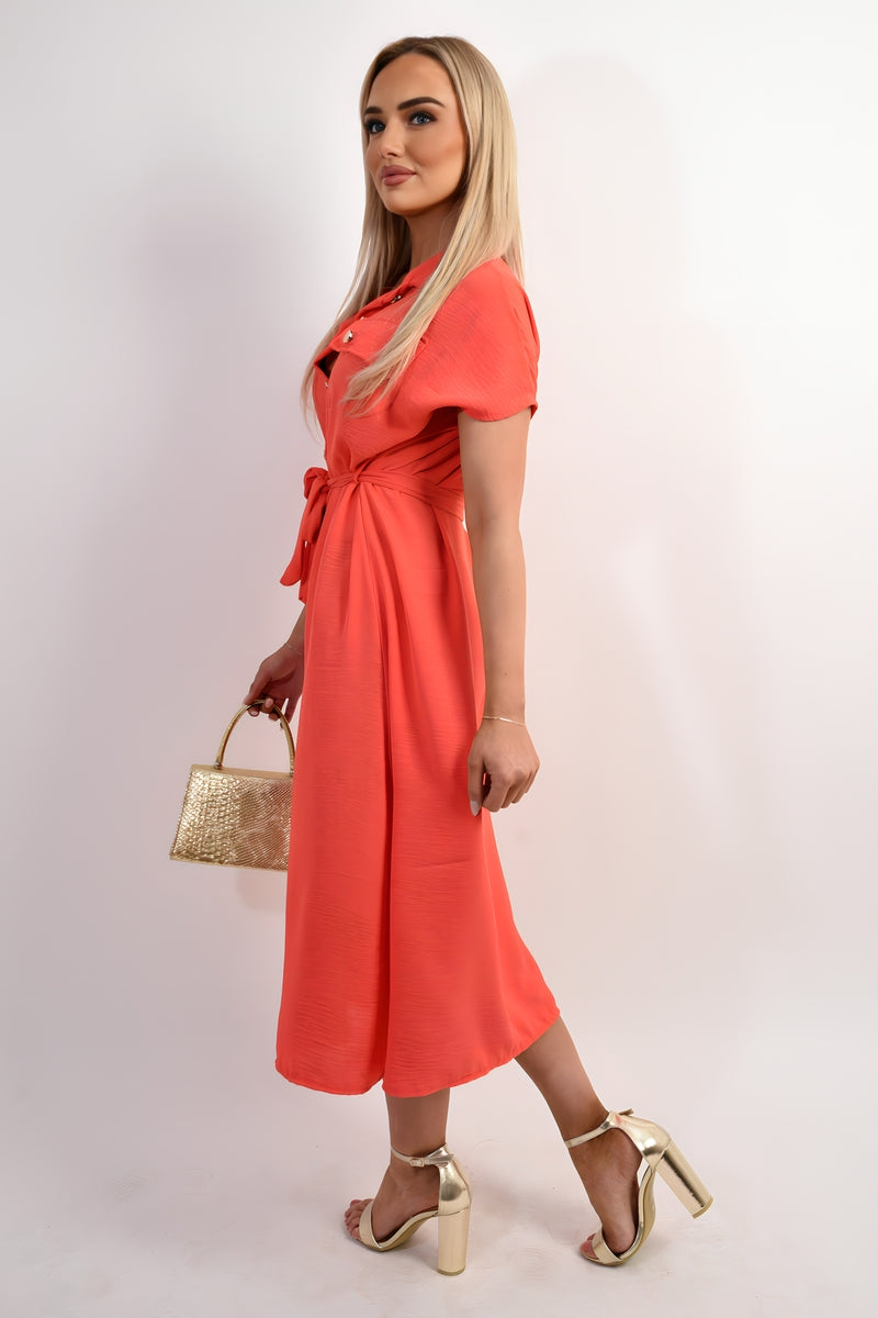 Collared Button Down Short Sleeve Tie Waist Midi Dress