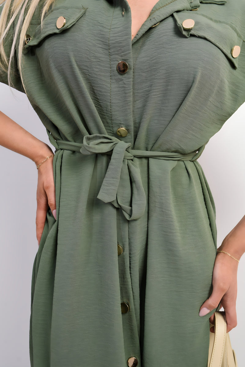 Collared Button Down Short Sleeve Tie Waist Midi Dress