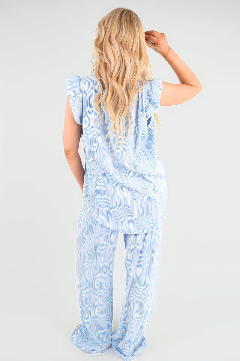 Textured Frill Sleeve Top & Wide Leg Trouser Co-ord Set