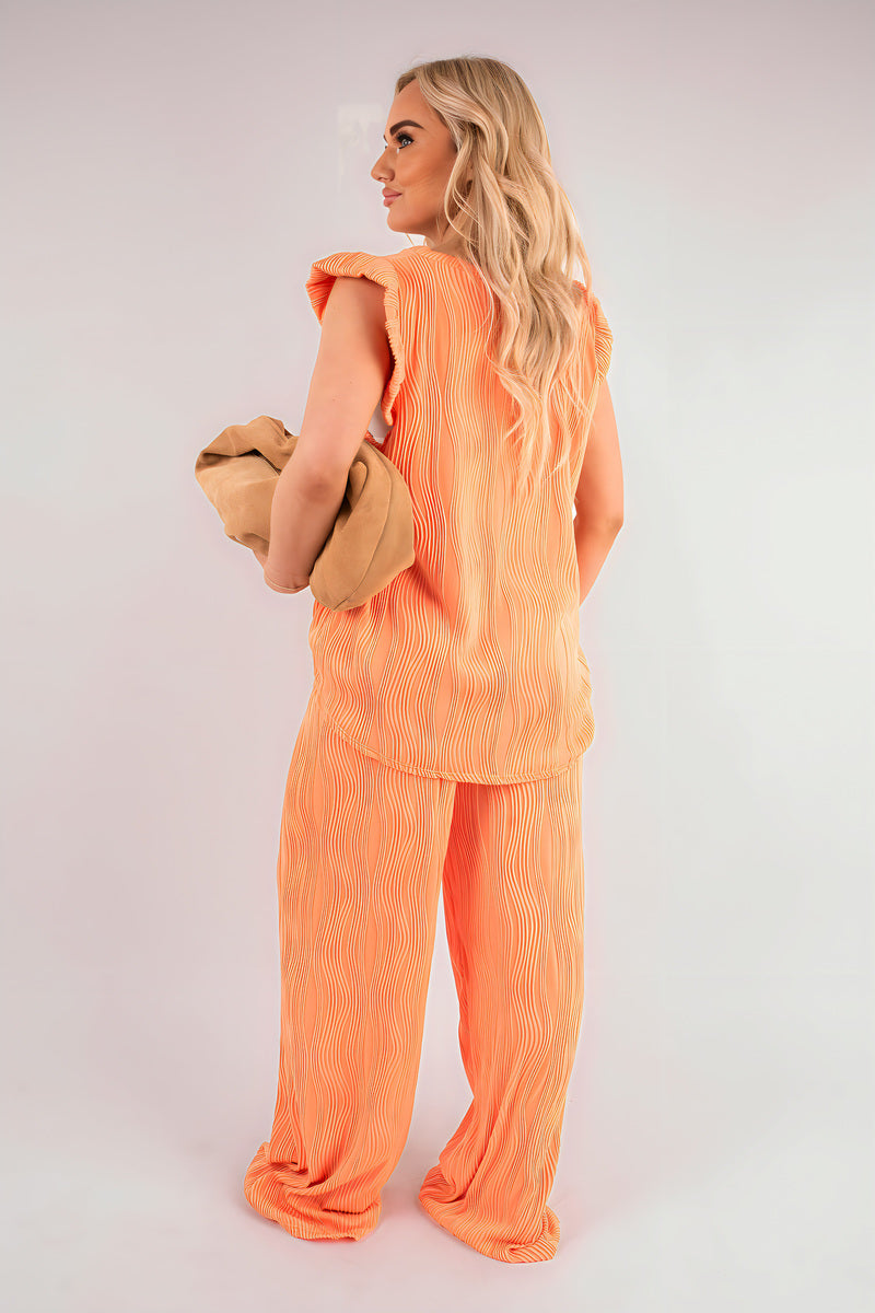 Textured Frill Sleeve Top & Wide Leg Trouser Co-ord Set