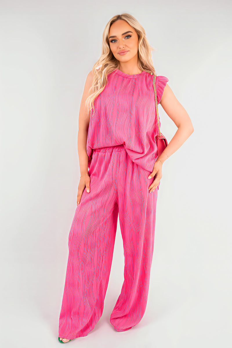Textured Frill Sleeve Top & Wide Leg Trouser Co-ord Set