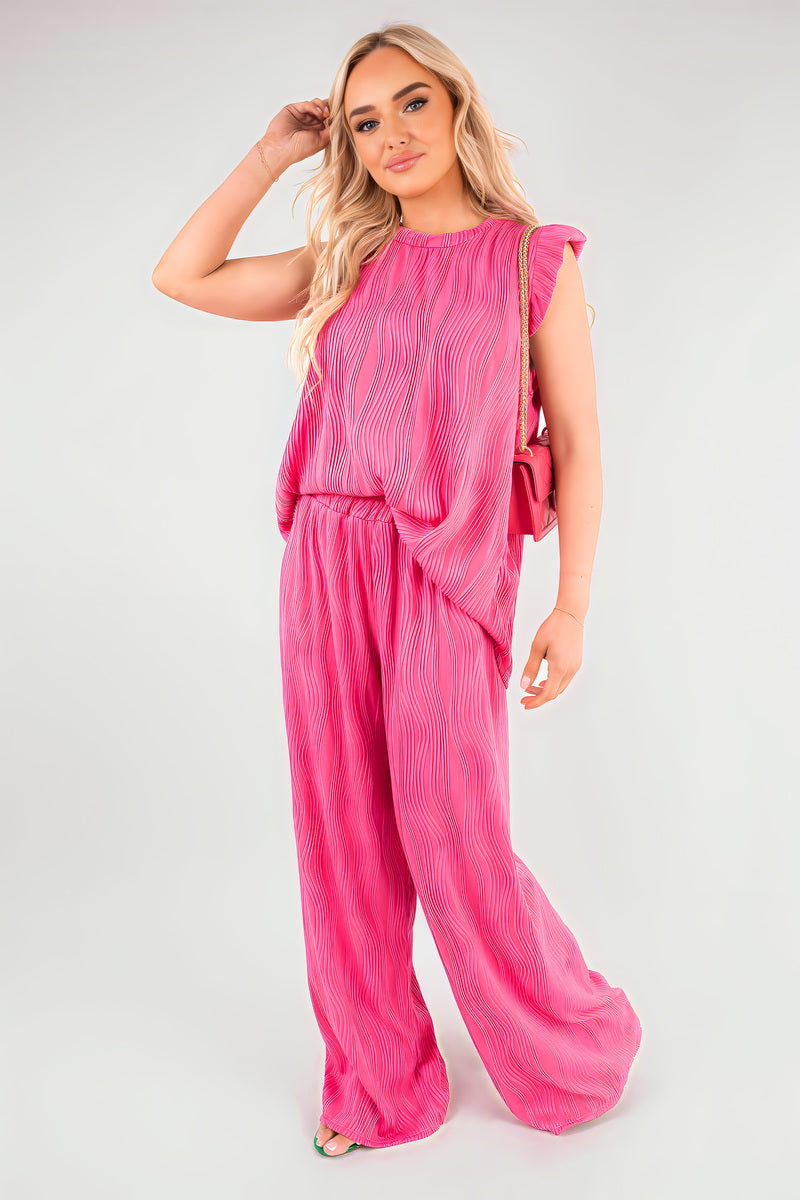 Textured Frill Sleeve Top & Wide Leg Trouser Co-ord Set