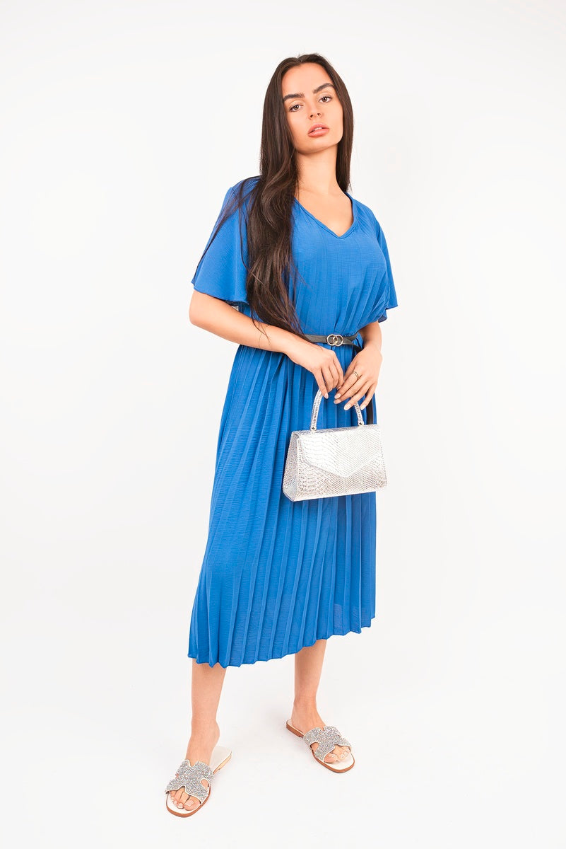 Short Sleeve Pleated Midi Dress with Waist Belt