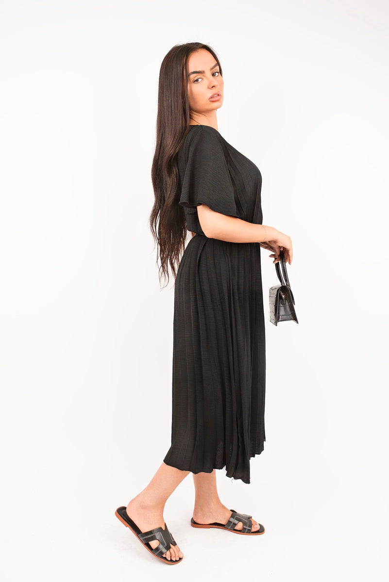 Short Sleeve Pleated Midi Dress with Waist Belt