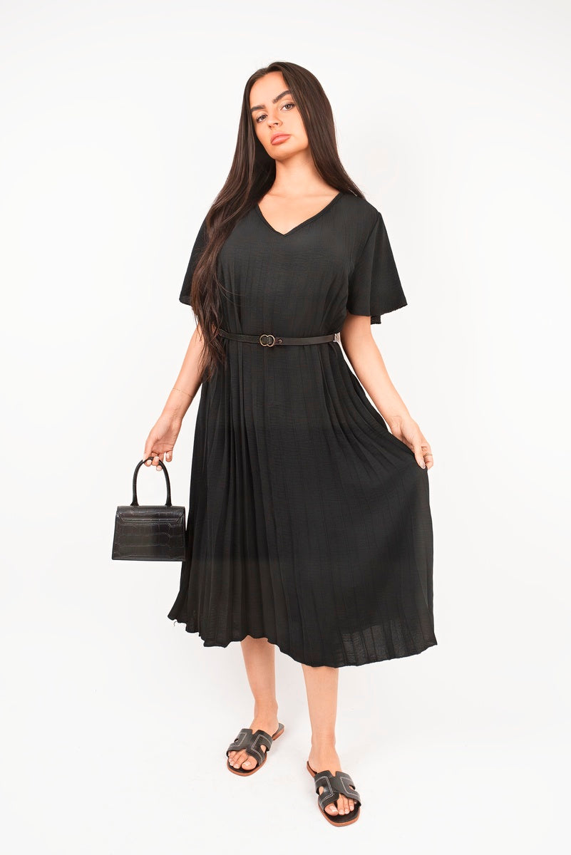 Short Sleeve Pleated Midi Dress with Waist Belt