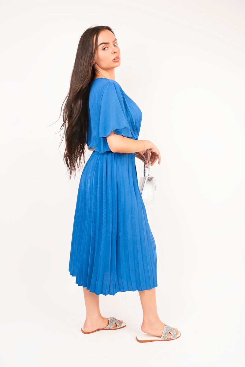 Short Sleeve Pleated Midi Dress with Waist Belt
