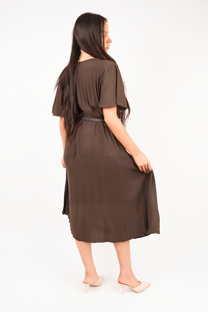 Short Sleeve Pleated Midi Dress with Waist Belt