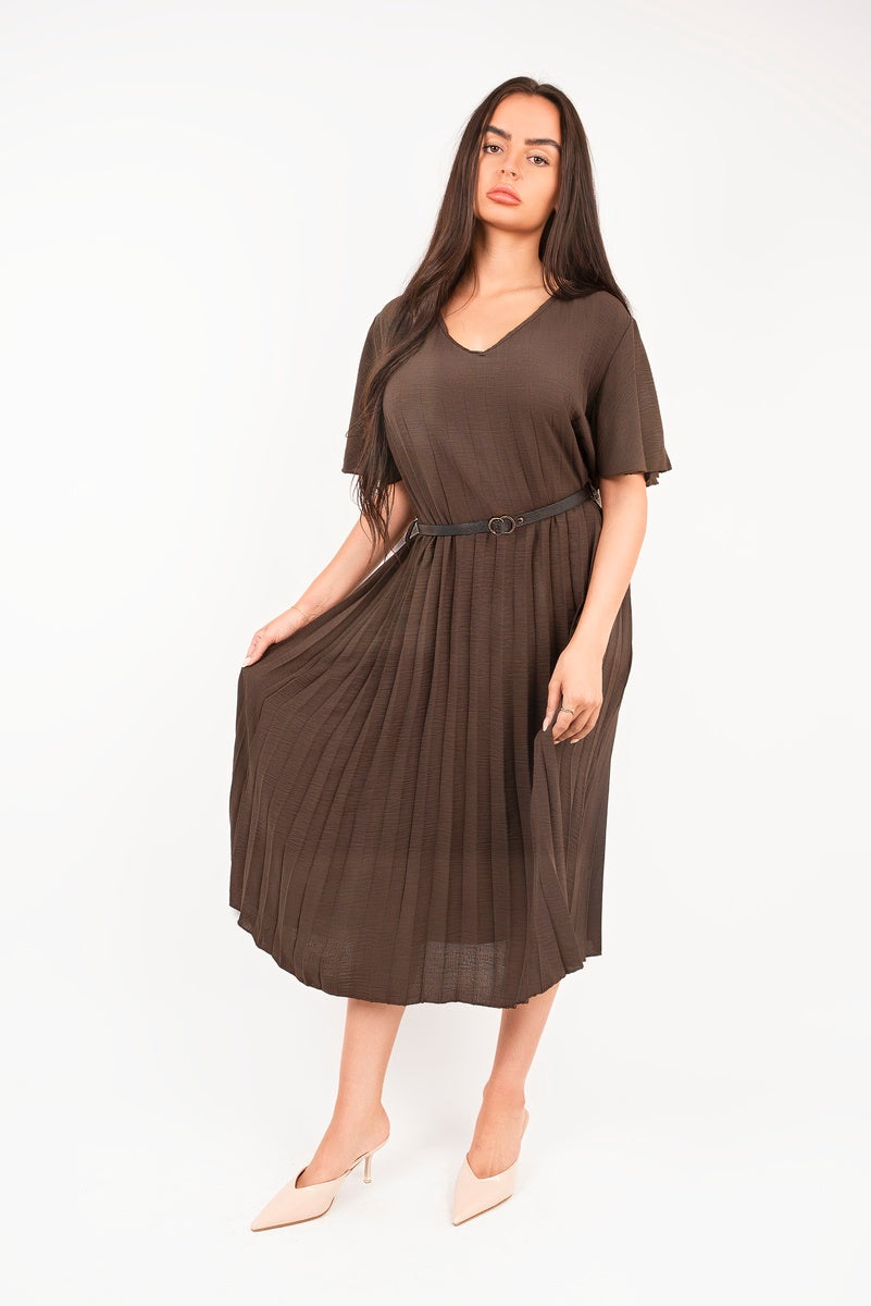 Short Sleeve Pleated Midi Dress with Waist Belt