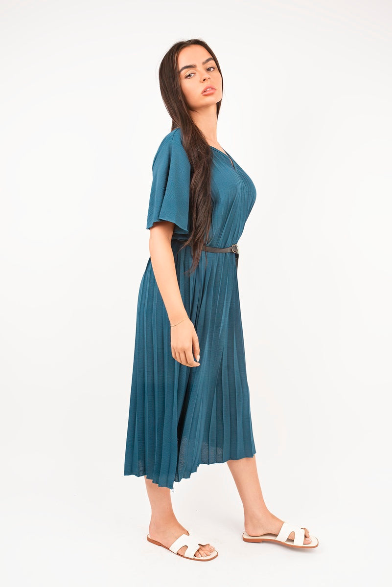 Short Sleeve Pleated Midi Dress with Waist Belt