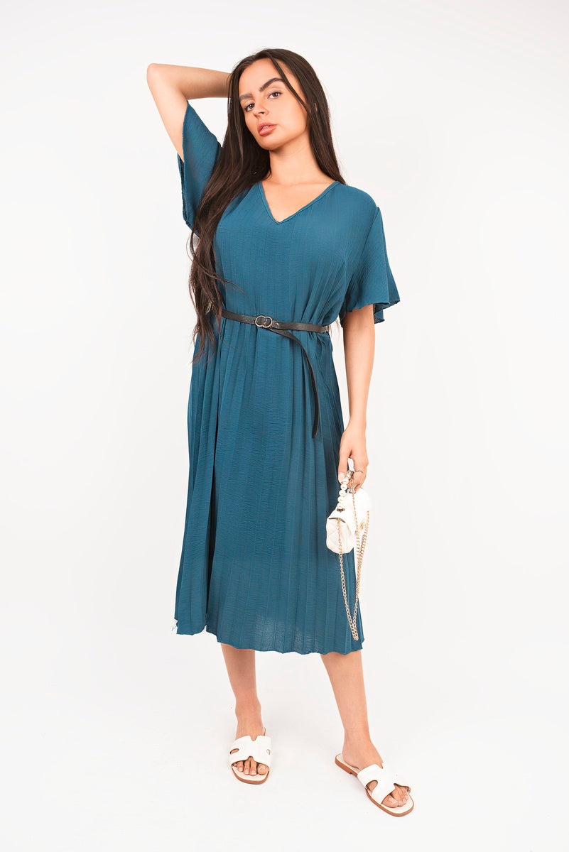 Short Sleeve Pleated Midi Dress with Waist Belt
