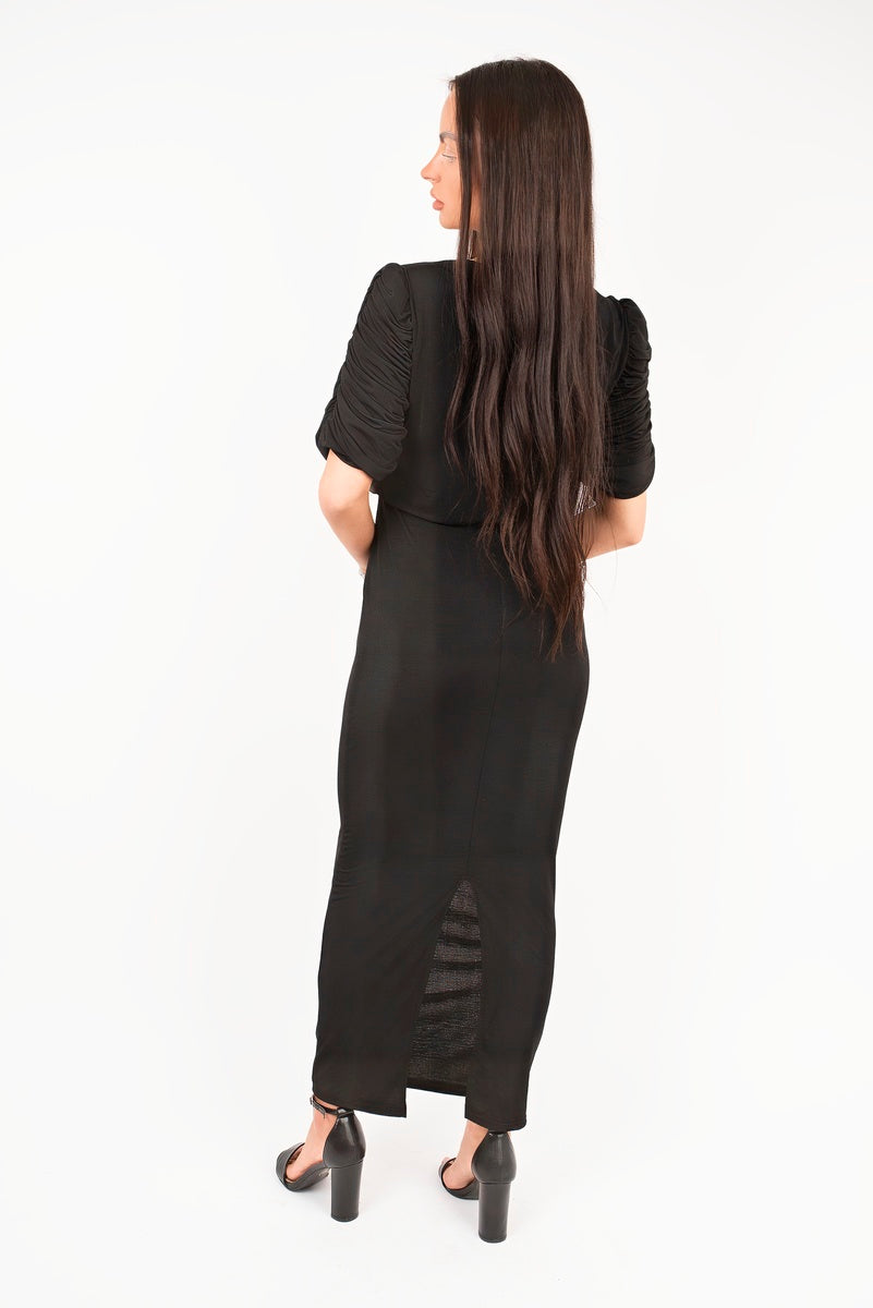 Ruched Short Sleeve Maxi Dress with Draped Bodice