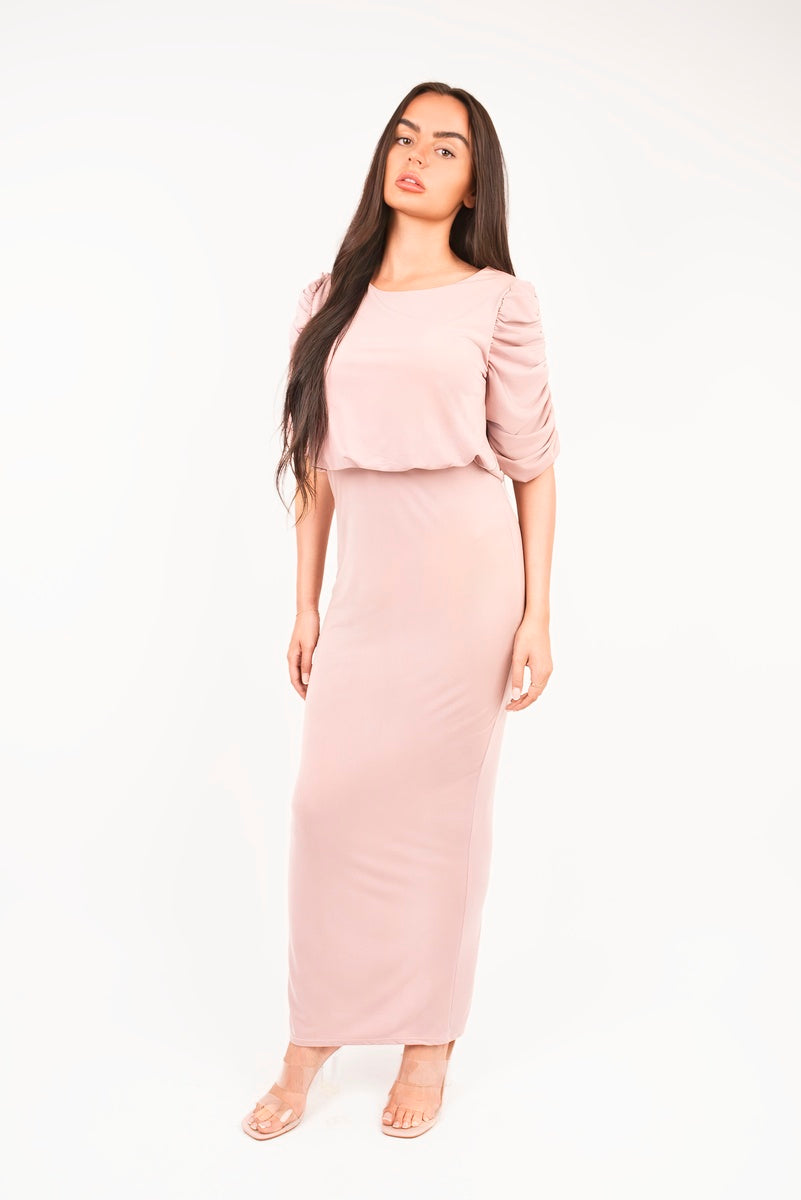 Ruched Short Sleeve Maxi Dress with Draped Bodice