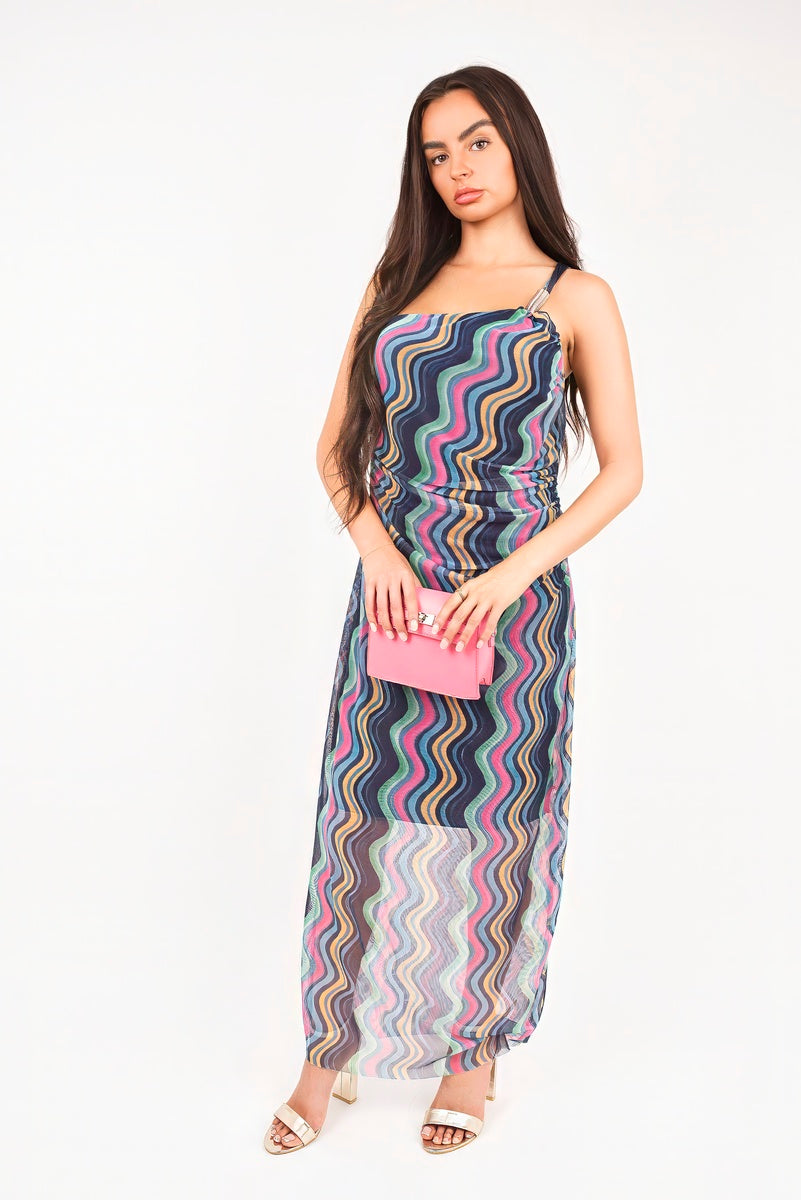 Wavy Print Ruched Mesh Strap Maxi Dress