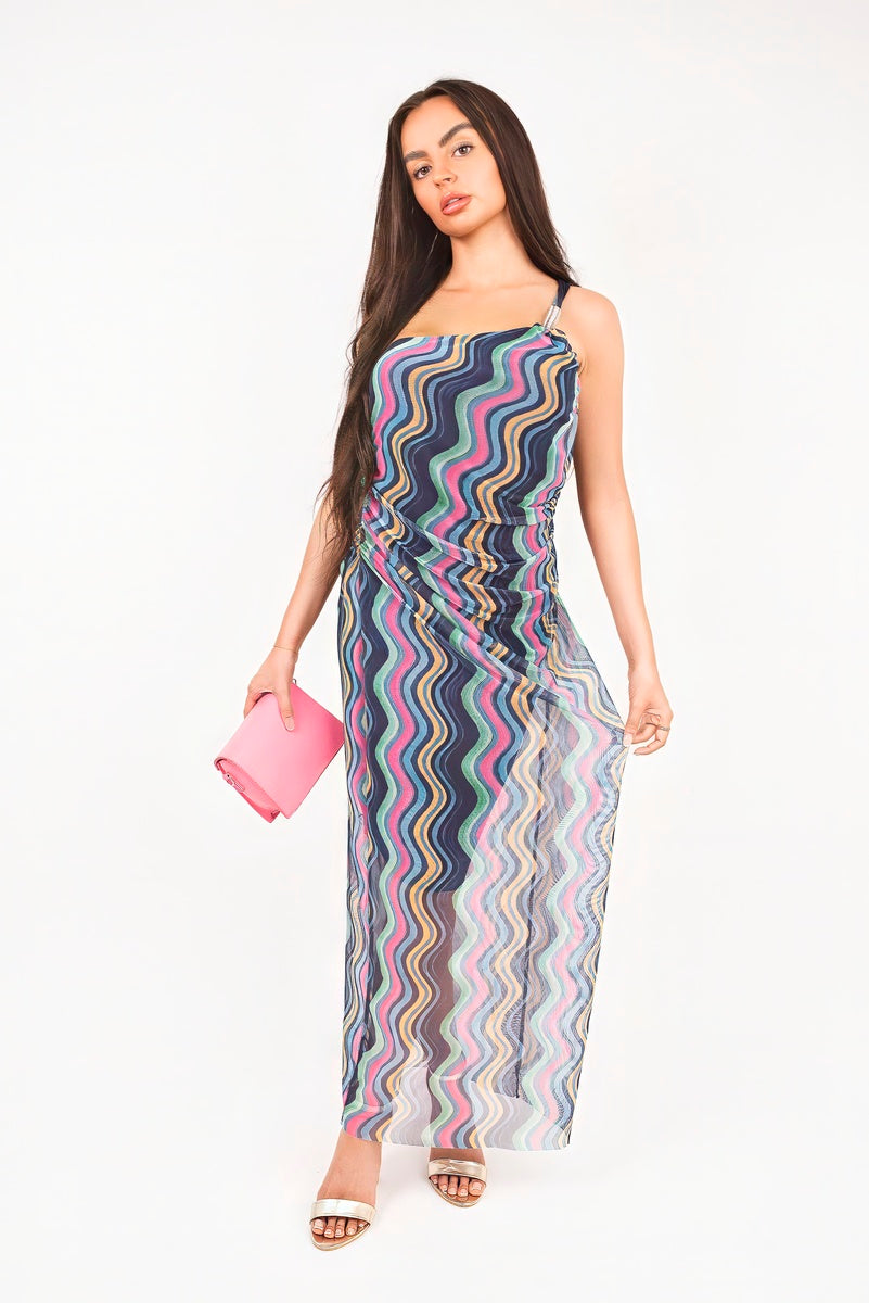 Wavy Print Ruched Mesh Strap Maxi Dress