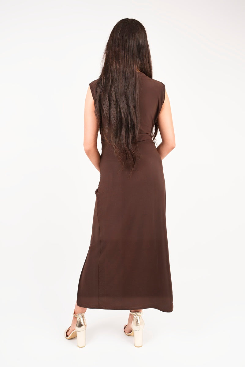 Sleeveless Drape Ring Detail Split Midi Dress