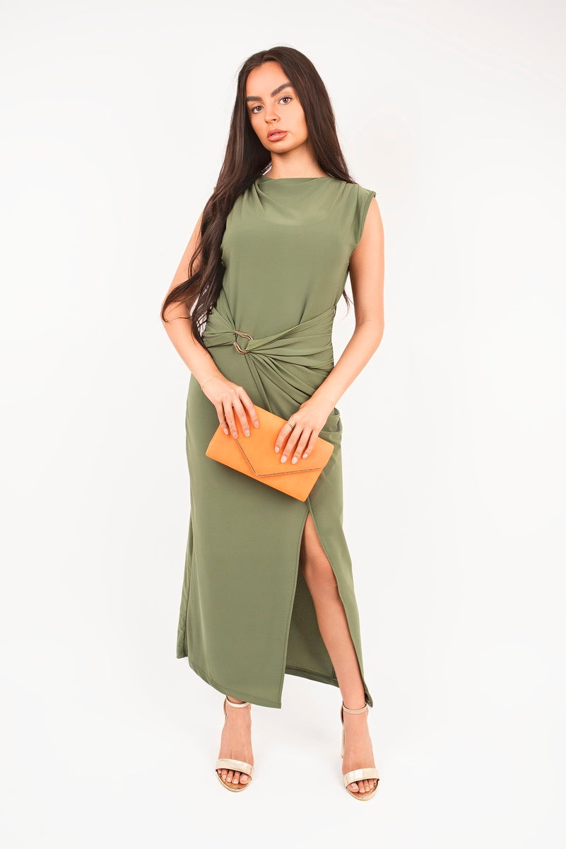 Sleeveless Drape Ring Detail Split Midi Dress