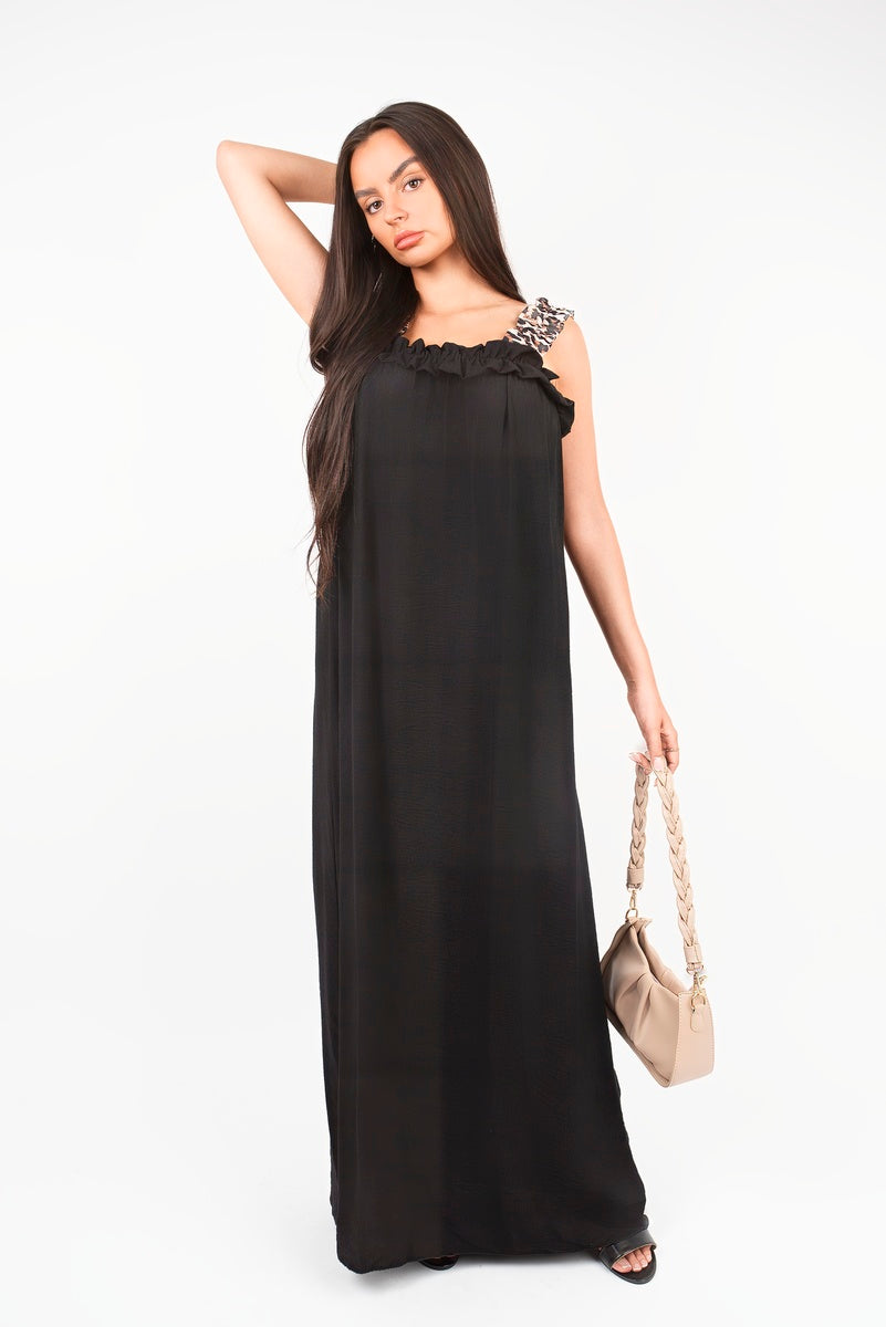 Leopard Strap Sleeveless Maxi Dress with Ruffle Detail